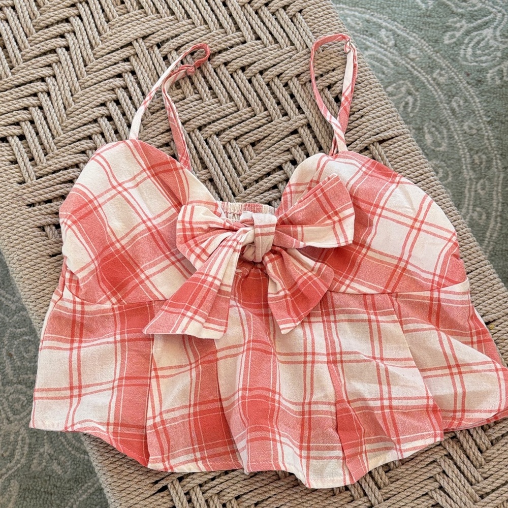 Plaid Bow-Front Crop Top - orange/ peach & Cream